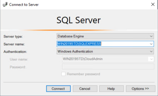 Окно аутентификации SQL Server