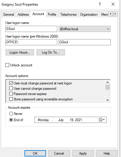Установка срока действия учетной записи с помощью Active Directory Users and Computers | Serverspace