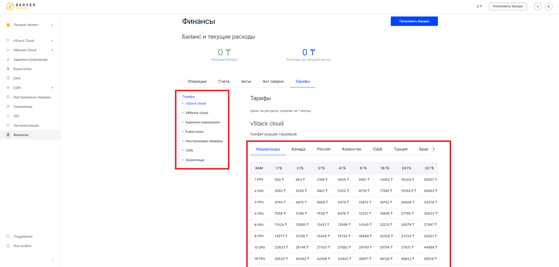 Тарифы в панели управления kz